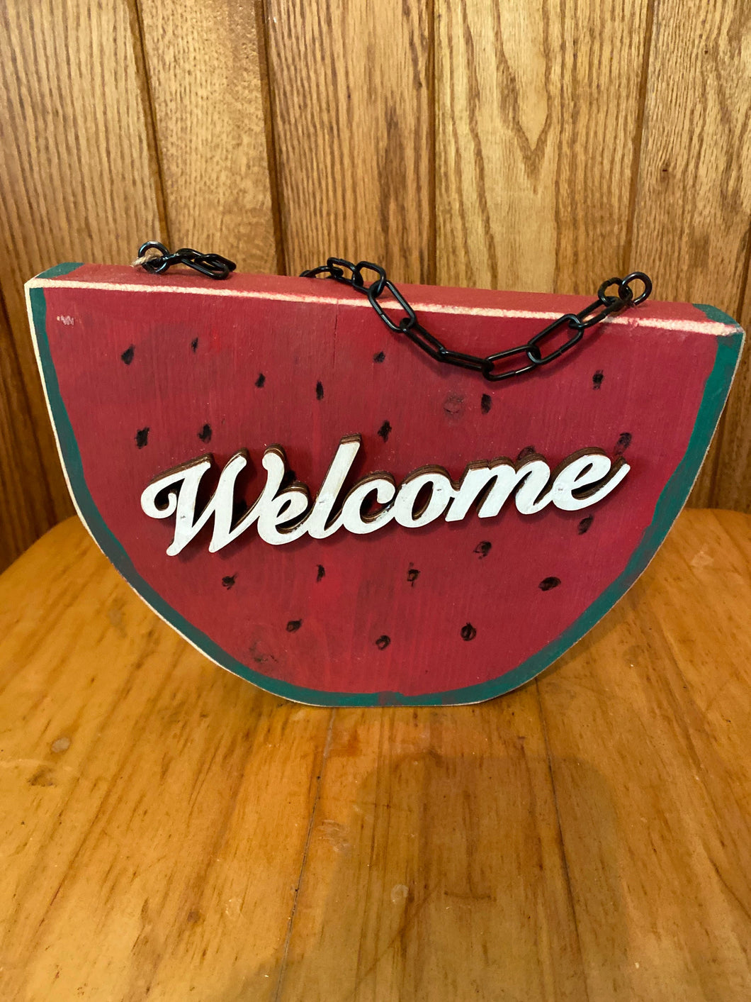 Hanging Handcrafted Rustic Wood Watermelon Slice “Welcome”.